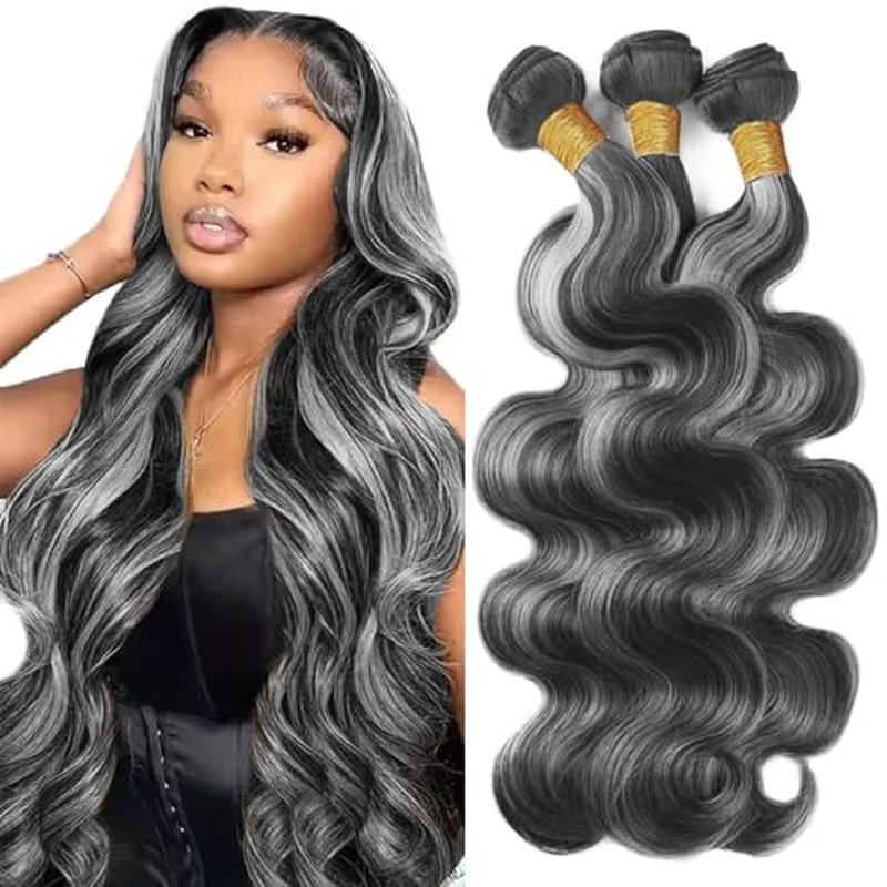 Hair 26-30 Inch Highlight Bundles - P1B Grey Body Wave Human Hair - Two Tone Black & Silver Ombre - Grey Body Wave