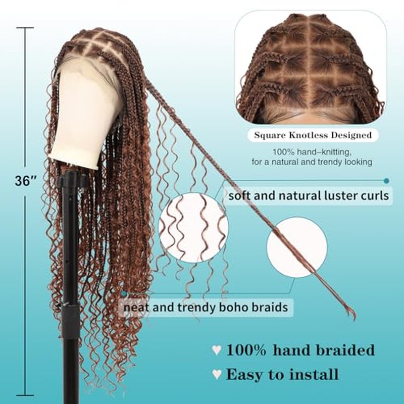 Kalyss HD Full Lace Boho Braided Wigs for Women 360 Lace Front Box Braided Wigs with Baby Hair Brown Premium Synthetic Knotless Braid Wig 36"