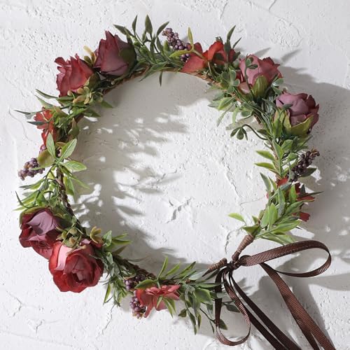 Fairy Flower Crown Headband - Red Purple Rose Floral Headpiece with Ribbon Forest Flower Headbands for Women Girls Renaissance Costume Cosplay Wedding Festival Party Headdress