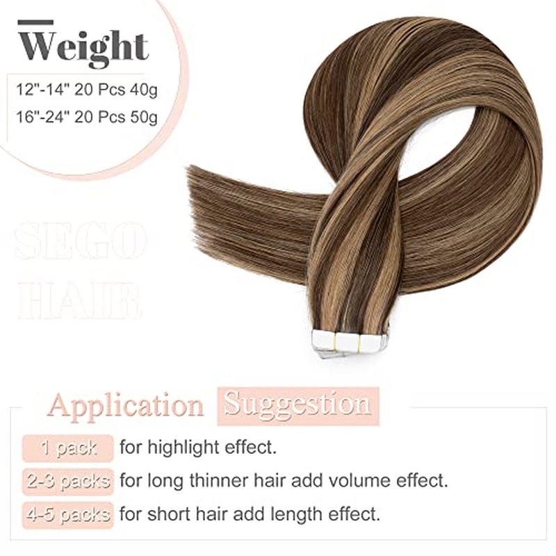 SEGO Tape in Hair Extensions Real Human Hair 20 Inch 40pcs 100g Straight Balayage 100% Remy Seamless Skin Weft Invisible Rooted Double Sided Tape Hair for Women-Medium Brown&Dark Blonde