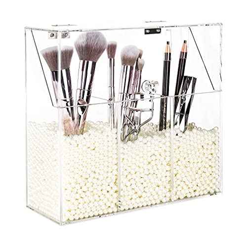 YestBuy Clear Makeup Brush Holder, Acrylic Makeup Brush Organizer For Vanity, Cosmetic Brush Storage Box with Pearls, For Bathroom, Bedroom, Vanity Countertop