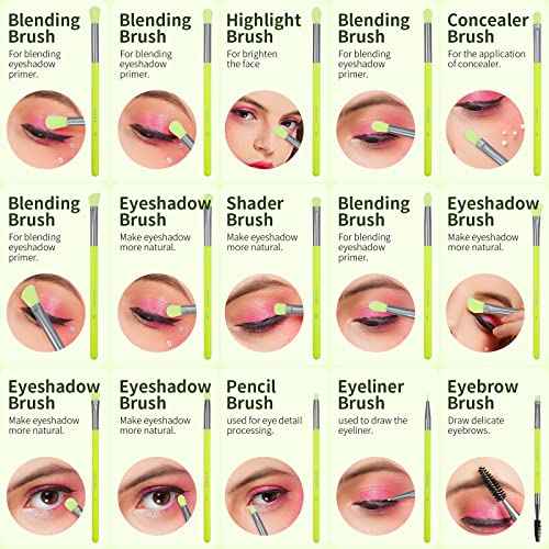 Docolor Eyeshadow Brush Set 15Pcs Eye Makeup Brushes Professional Makeup Brush Set Eye Shadow Blending Concealer Eyebrow Eyelash Eye Liners Premium Synthetic Eyeshadow Crease Brow Brush, Neon Green