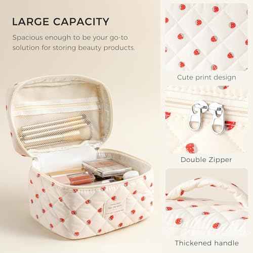 HBselect Quilted Makeup Bag, Portable Cotton Large Travel Makeup Bag, Cute Coquette Strawberries Floral Cosmetic Bags Toiletry Bags for Women Teen Girls Mom