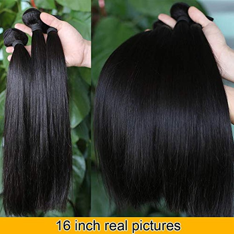 QTHAIR 16A Brazilian Virgin Straight Human Hair with Lace Closure (14/16/18+12 Inch, Natural Black) 100% Unprocessed Straight Brazilian Virgin Hair Weave with 4x4 Swiss Lace Closure