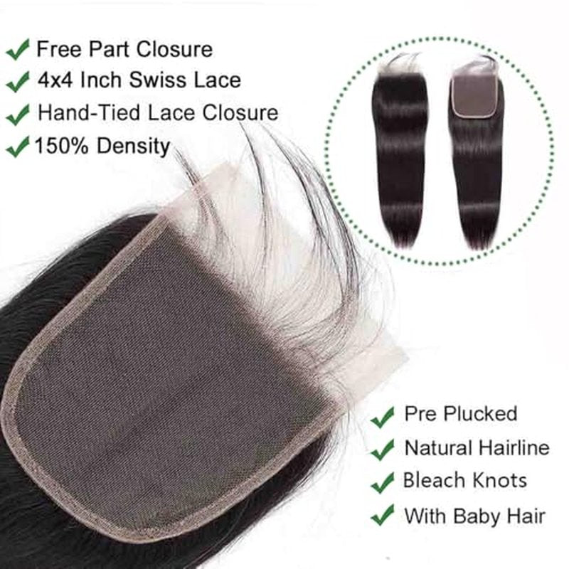 Human Hair Bundles with Closure Straight Bundles 20 22 24+18 Inch 10A HD Lace Closure Human Hair 100% Brazilian Virgin Hair Extensions 3 Bundles Deals Hair Quick Weave Bundle for Women