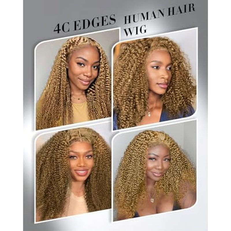 4C Edges HD Lace Front Wig Human Hair Honey Blonde Kinky Curly Wig, 13x4 Lace Frontal Kinkycurly Wigs with 4C Kinky Edges Hairline Pre-Plucked 180% Density 16 inch