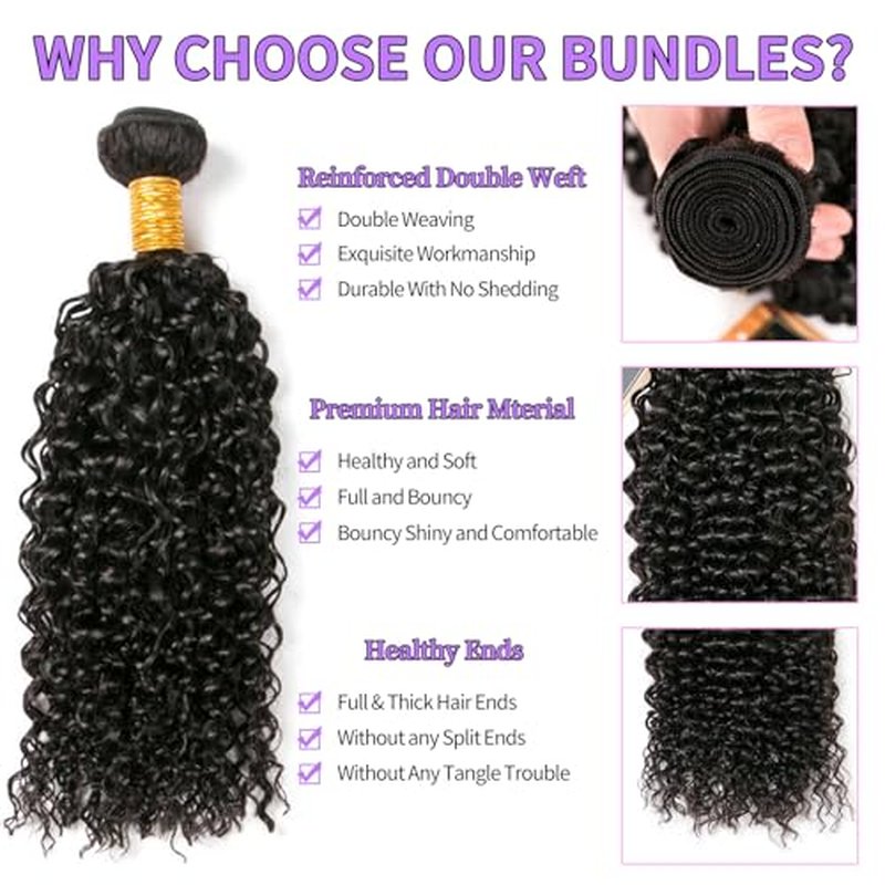 Curly Bundles Human Hair Kinky Curly Human Hair Bundles 100% Unprocessed Brazilian Virgin Hair Quick Weave Curly Hair Bundles for Women Double Weft Natural Black 18 18 18 Inch