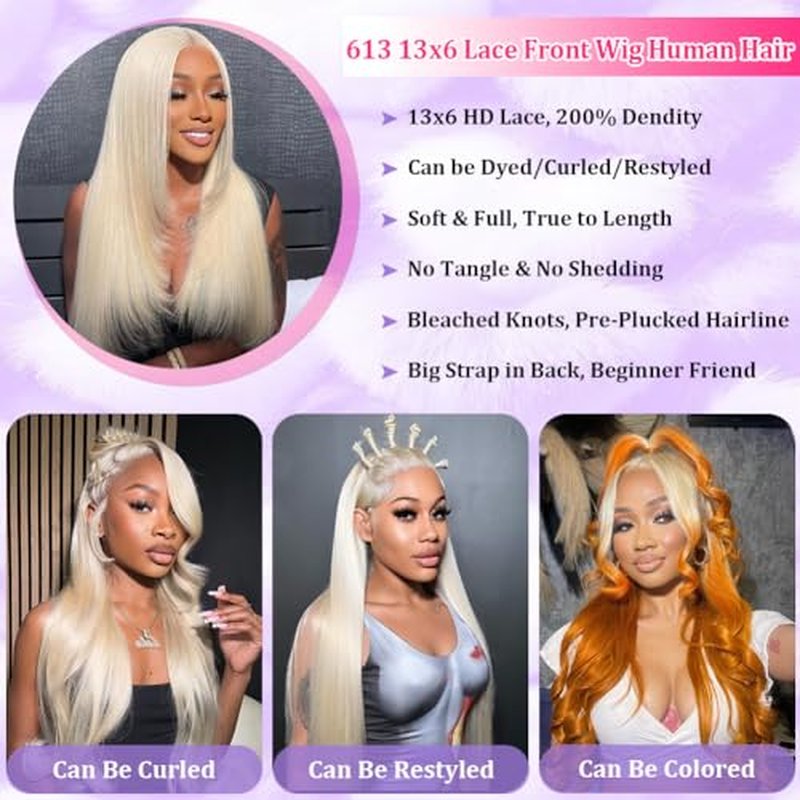 30 Inch 613 13x6 Lace Front Wig Human Hair 200% Density Straight Blonde Wig Human Hair 613 HD Lace Frontal Wig Human Hair Pre Plucked Blonde Glueless Wig for Women