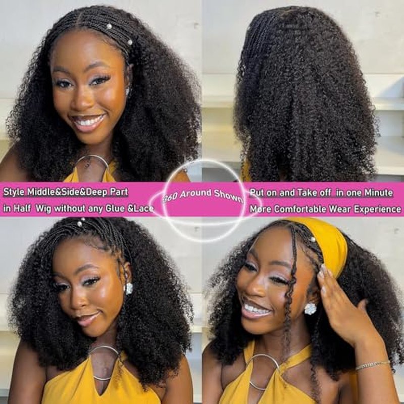 Half Wig Human Hair Afro Kinky Curly Wigs for Black Women 200 Density Glueless Wigs 100% Human Hair Ready to Go 3 In 1 Seamless Flip Over Drawstring Headband Wig for Women Clip in No Sew In 20 Inch