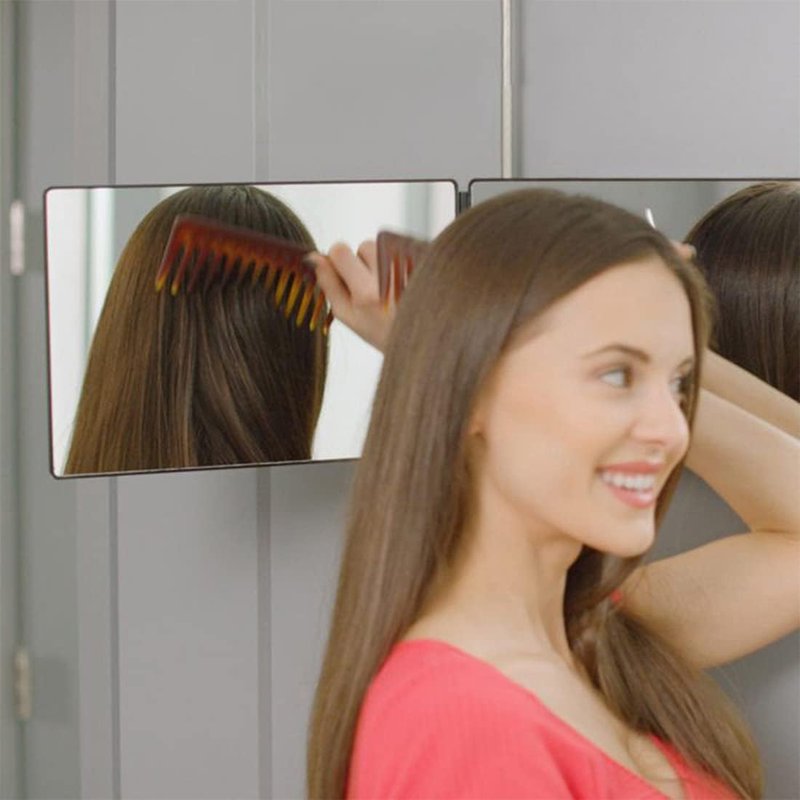 3 Way Mirror for Hair Cutting - LED 360° Trifold with Adjustable Height & 5X Magnification | Black