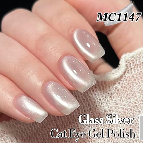 Double Rhythm 0.5 Oz Cat Eye Gel Polish with Magnet Same Color Same Bottle Holographic Glitter Shimmer Translucent Color Salon 15 ML Magnetic Nail Art (Clear Silver-MC1147)