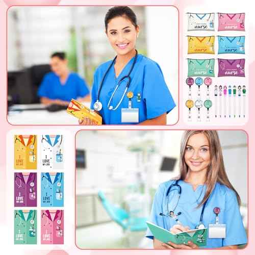 Yeaqee 48 Pcs Nurse Christmas Appreciation Gifts Set Bulk Include Makeup Cosmetic Bag Pocket Journal Notebooks Ballpoint Pen Badge Reel for Christmas Women Rn Assistant Student(Multicolor,Stethoscope)