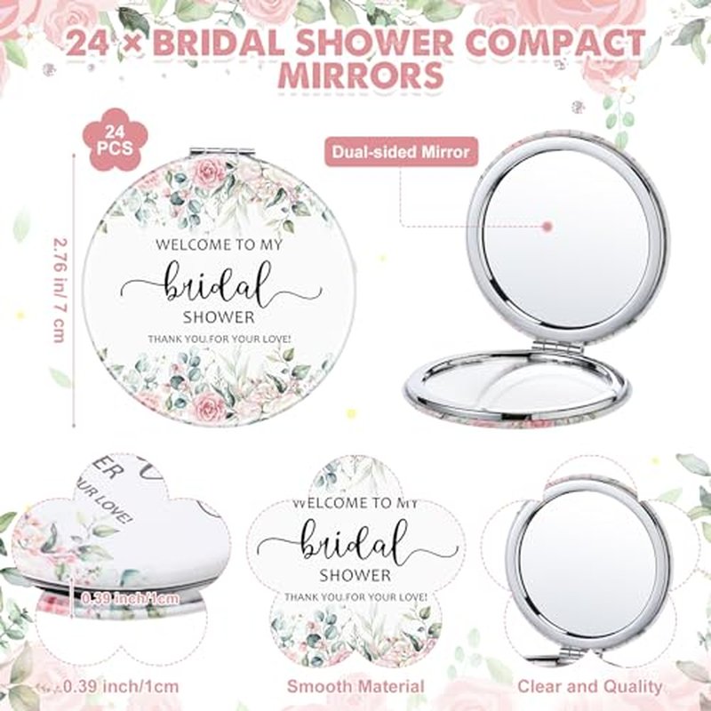 XunYee 24 Sets Bridal Shower Favors for Guests Flower Design Makeup Mirrors Leather Compact Mirrors Bridal Thank You Cards with Organza Bags Bridesmaid Gifts Wedding Party Favors Supplies