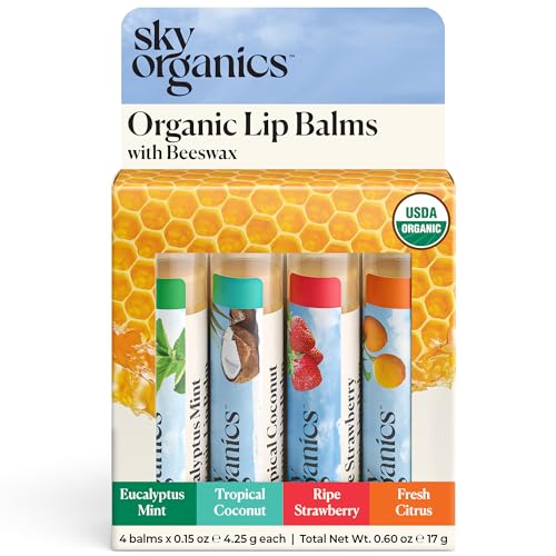 Sky Organics Organic Lip Balms With Beeswax for Lips, USDA Certified Organic, Four Assorted Flavors to Moisturize, Soothe & Soften, 4pk.