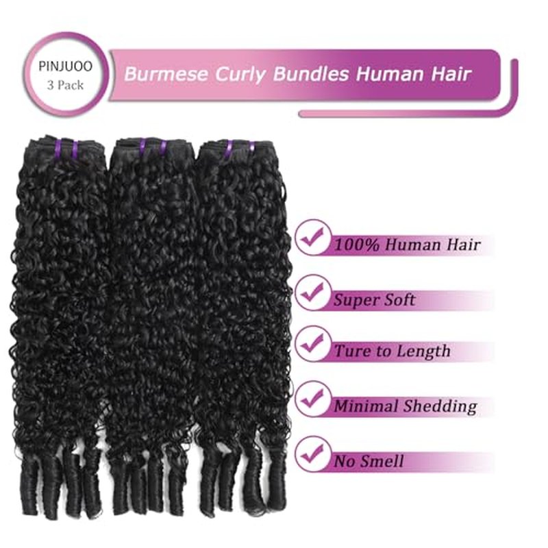 3C4A Burmese Curly Bundles 20 20 20 Inch Unprocessed Virgin Hair 3 Bundes Quick Weave Curly Human Hair with Spiral Ends Natural Black Color for Women