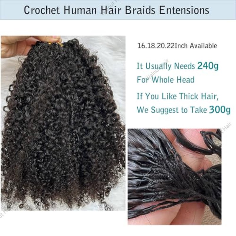 Knotless Pre Separated Crochet Human Hair Extensions Afro Kinky Curly Mongolian Virgin Braiding Hair Invisible Pre Looped Feather Braids Bundles For Black Women Walnut Hair 22inch 60g