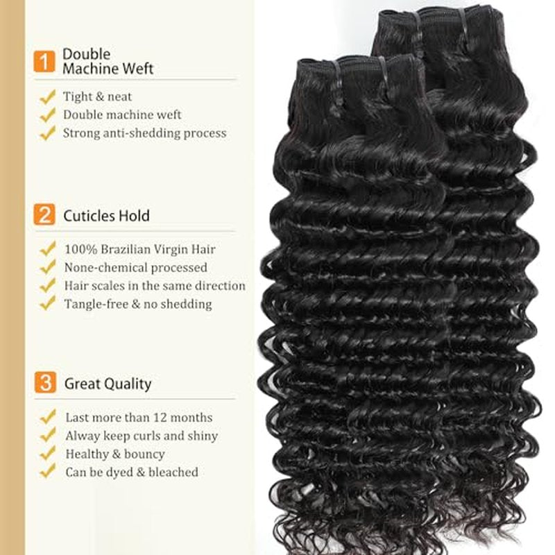 Deep Wave Bundles Human Hair, 14 16 18 20 Inch Curly Human Hair Bundles, 100% Unprocessed 12A Brazilian Virgin Hair with Aligned Scales Wet and Wavy Deep Curly Bundles for Black Women