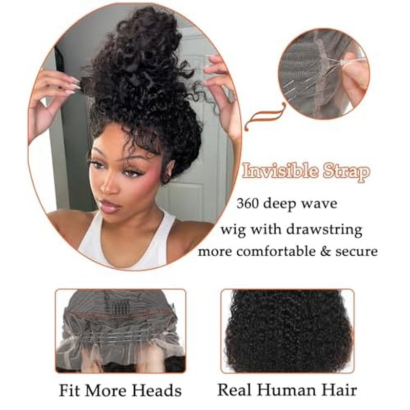 ONICE 360 Drawstring Lace Front Wigs Human Hair Pre Plucked Invisible Strap Deep Wave Glueless Full Lace Human Hair Wigs With Drawstring Hidden Strap 360 Curly Wig For Black Women (20 Inch)
