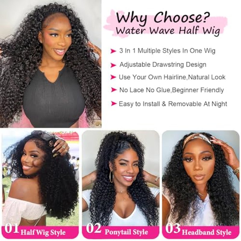 Half Wig Human Hair 20 Inch Water Wave Half Wig 3 in 1 Glueless Wigs 200 Density Wear and Go Wigs Seamless Flip Over with Drawstring Beginner Friendly Curly Wig Headband Wig for Women