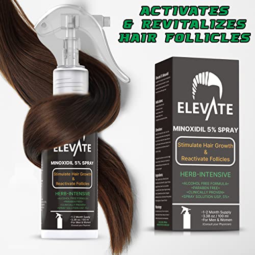 ELEVATE 5% Minoxidil Hair Growth Spray - Alcohol Free Non Oily Formula Extra Strength Professional Treatment for Hair Loss/Regrowth - Stimulate Hair Follicles for Men & Women - 1 Month Supply