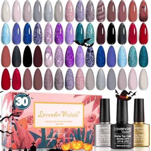 Lavender Violets 30 Pcs Gel Nail Polish Set, 27 Colors Purple Blue Brown Red with Glitter Glossy Matte Gel Base and Top Coat Set for Nail Art C975