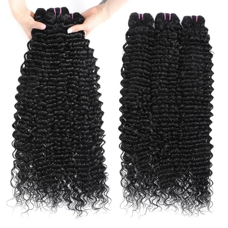 15A Raw Human Hair Bundles Deep Wave Bundles Human Hair,Triple Lifespan Indian Virgin Hair,No Tangle Shedding,Multiple Washes Keep Texture Silky Soft (3 Bundle Natural Black, 16 18 20)