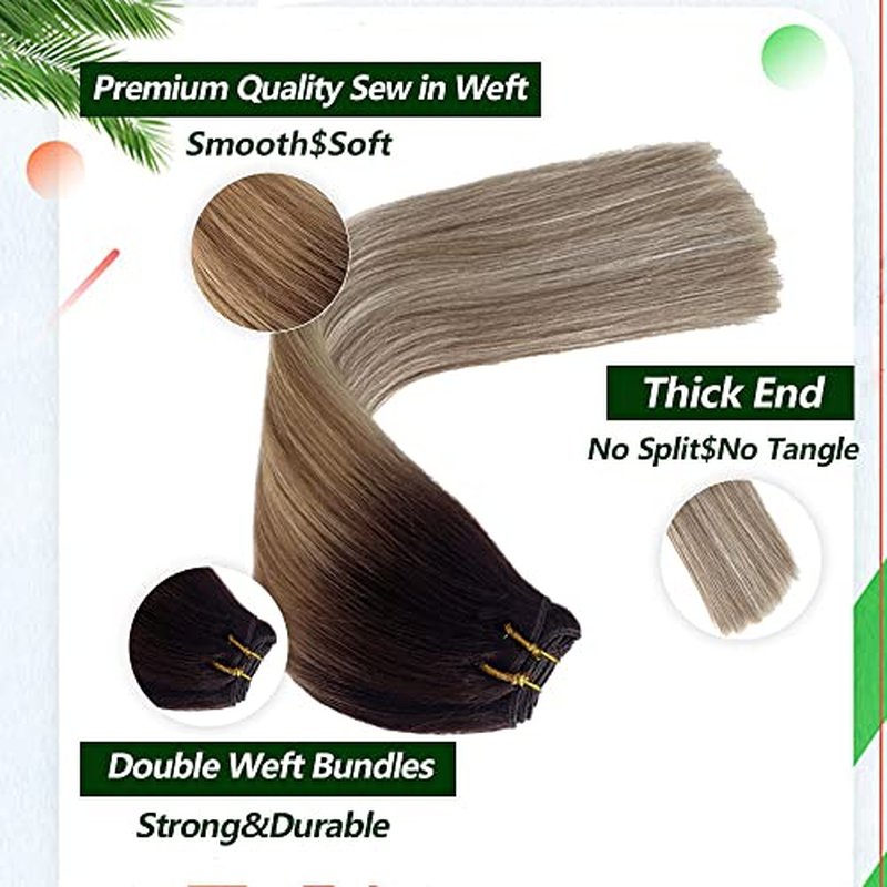 Sew in Hair Extensions Human Hair Double Weft Balayage Brown to Blonde Highlights Natural Hair Weave Bundles for White Women Silky Straight Remy Hair Extensions Sew in Hair Weft 24 Inch 120G