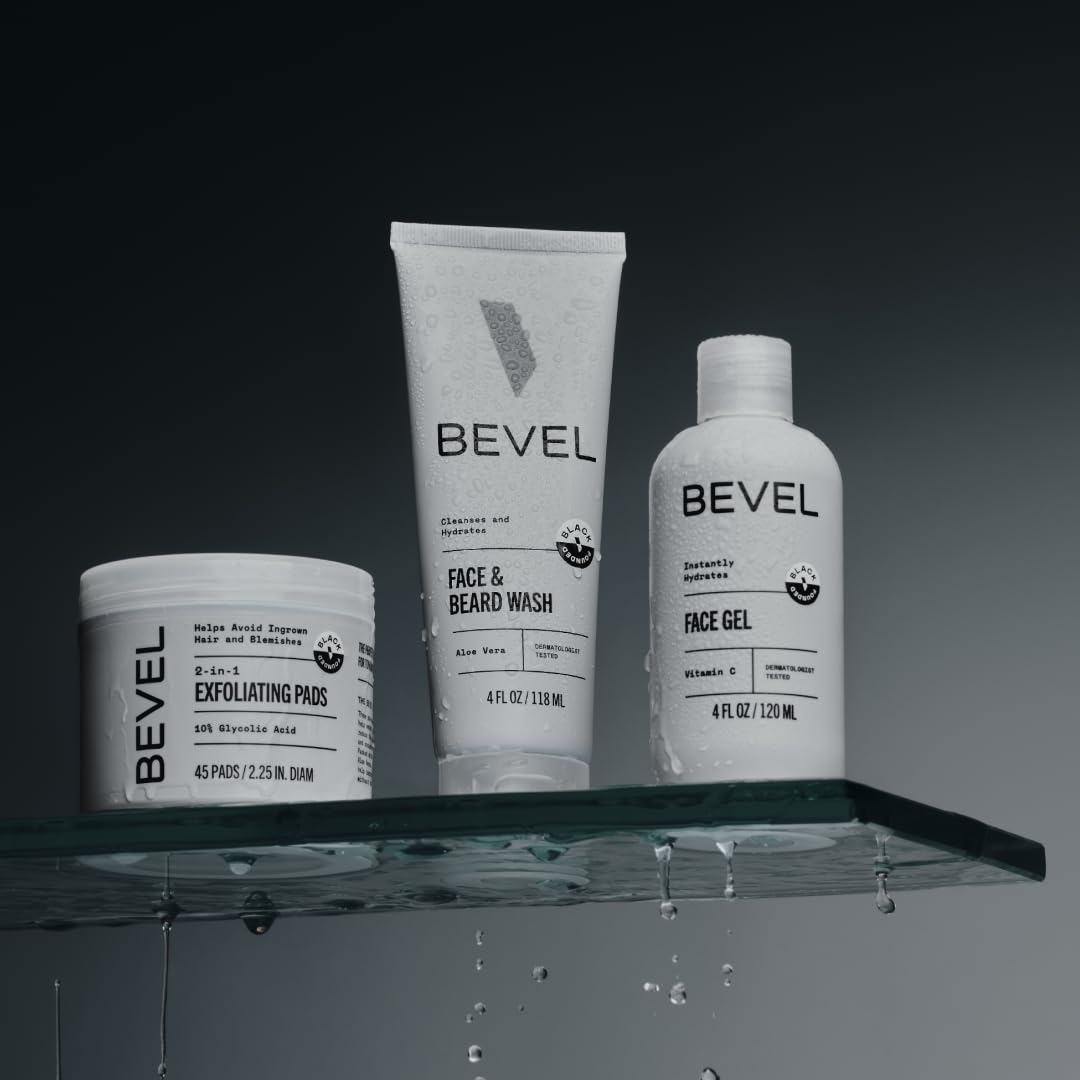 Bevel Facial Skin Care Set for Men - Mens Skincare Kit Routine Includes Face Wash with Aloe Vera, Glycolic Acid Exfoliating Pads, Lightweight Face Moisturizer, Helps Treat Blemishes and Bumps