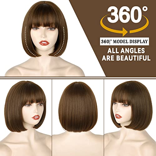 WERD Short Brown Bob Wig with Bangs,10 inch Brown Straight Bob Wig for Women Heat Resistant Fiber for Cospaly Velma
