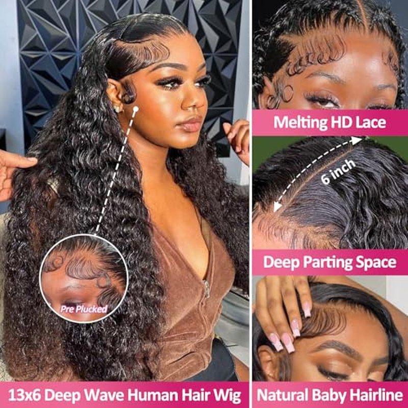 13x6 Lace Front Wigs Human Hair 200 Density Deep Wave HD Lace Front Wigs Human Hair Curly Glueless Wigs Human Hair Pre Plucked 13x6 HD Frontal Lace Front Wigs for Women (26 Inch)