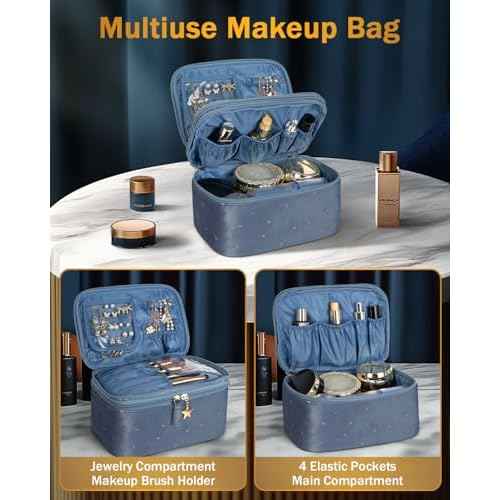Wedama Makeup Bag Gift for Women, Double-layer Cosmetic Bag with Jewelry Storage and Brush Holder 3 Pcs Velvet Makeup Organizer Bag Gift Set Travel Toiletry Bag for Women Girls, Blue