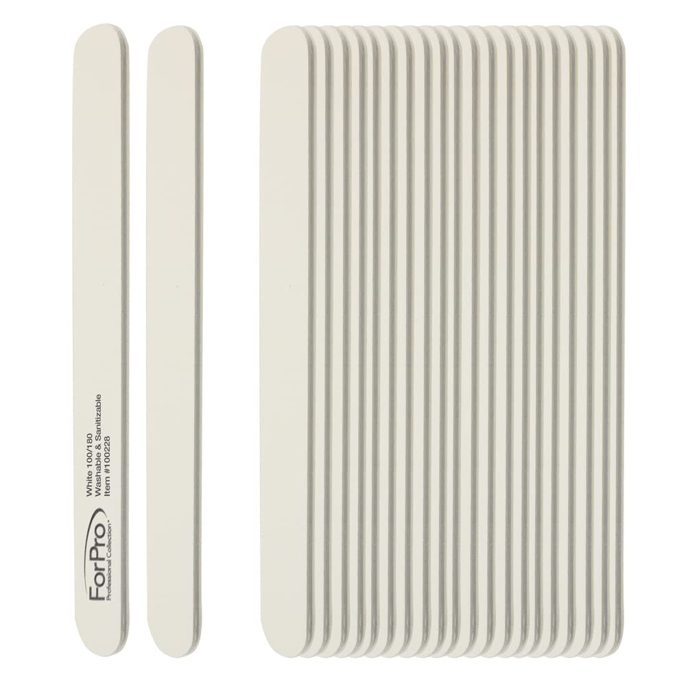 ForPro Professional Collection Nail Foam Boards, White, 100/180 Grit, Double-Sided Manicure and Pedicure Nail Files, 7” L x .75” W, 50-Count