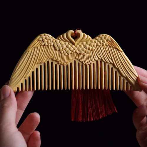 Wooden Comb For Women - Carved Craft Natural Boxwood Hair Comb - No Static Fine Tooth Wood Comb with gift box (Angel Wings)