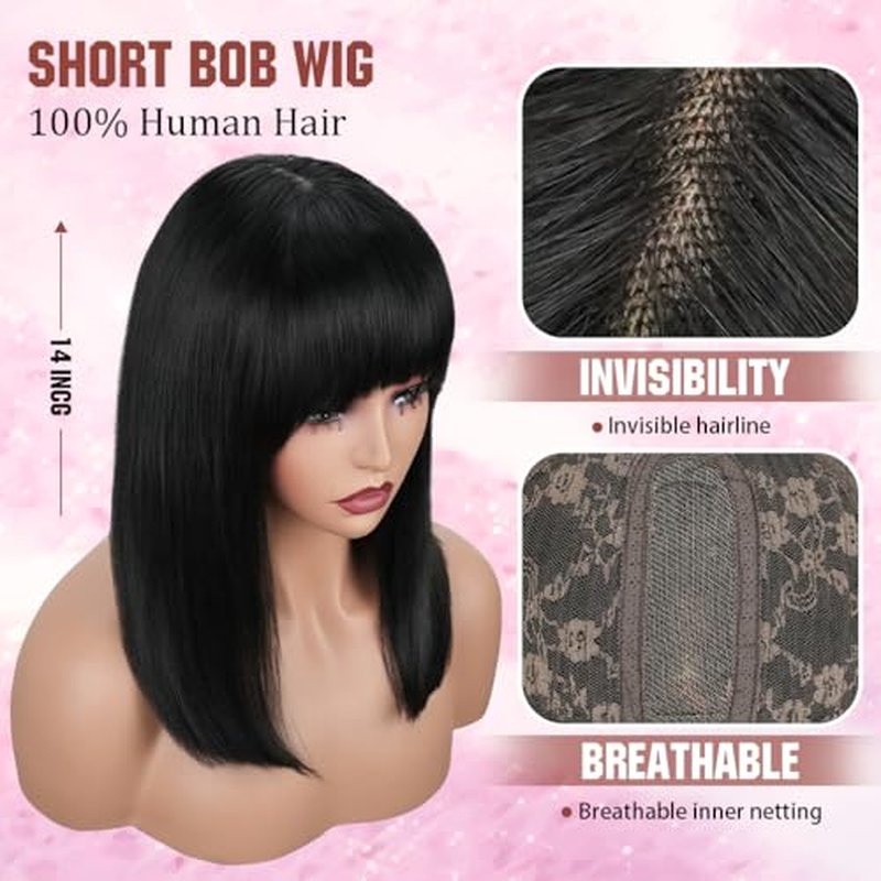 Bob Wig with Bangs Human Hair 200 Density Short Glueless Wigs Ready to Go Straight Bob Bangs Wig for Women Natural Black 14 Inches