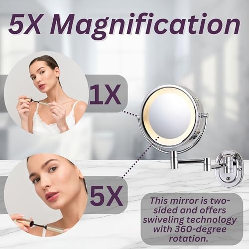 JERDON Wall-Mounted Makeup Mirror with 5X Magnification - Chrome Makeup Mirror with LED Lights - Plug in - HL65C