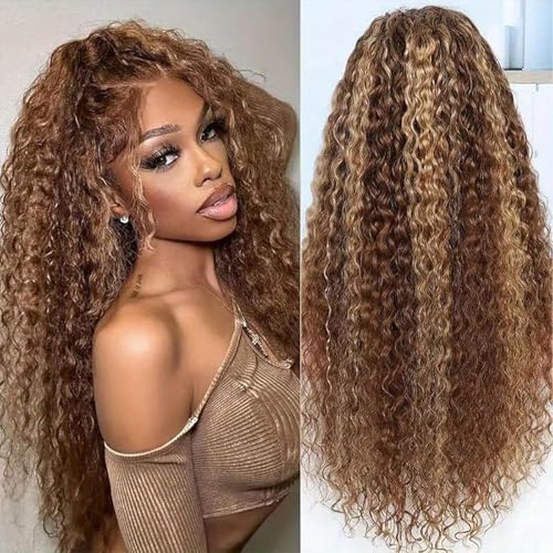 NOELLA Highlight 13x6 HD Lace Front Wigs Human Hair 20 Inch Honey Blonde Ombre Water Wave Lace Frontal Human Hair Wigs 210% Density Wet and Wavy Highlighted Curly Glueless Wig For Black Women