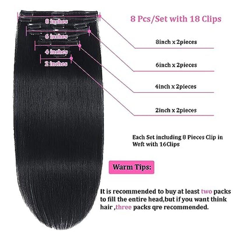 Jet Black Clip in Hair Extensions Real Human Hair Clip in Extensions Remy Human Hair Invisible Natural Straight Seamless 8pcs Double Weft 24 Inch 90g