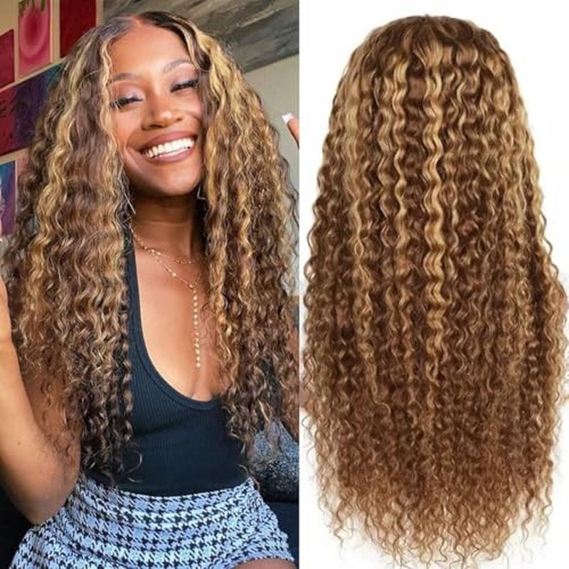 Honey Blonde 13x6 Curly Lace Front Wigs Human Hair Pre Plucked Curly Frontal Wig 28 inch 4/27 Highlight Ombre Jerry Curly HD Lace Front Wigs 180% Density Deep Wave Lace Front Wig for Women