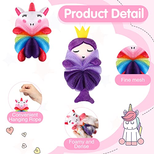 Nuenen 2 Pcs Bath Loofahs Kids Toddler Cute Cartoon Bath Sponges Loofah Pouf Body Scrubber Mesh Sponges for Children Shower Washing Exfoliating(Unicorn, Princess)