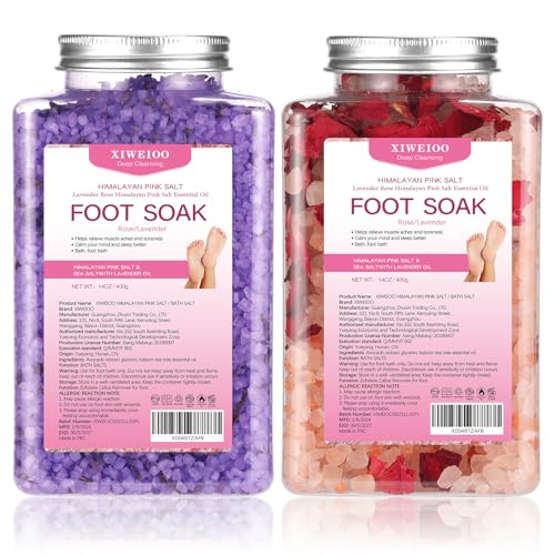 Foot Soak Kit -46 oz, Pack of 2 Natural Epsom Salt Rose, and Lavender- Essential Oils Foot Athletes Foot spa Itching,Foot Bath Salt Tea Tree Oil Foot Soak Foot Care Pedicure Feet spa Message