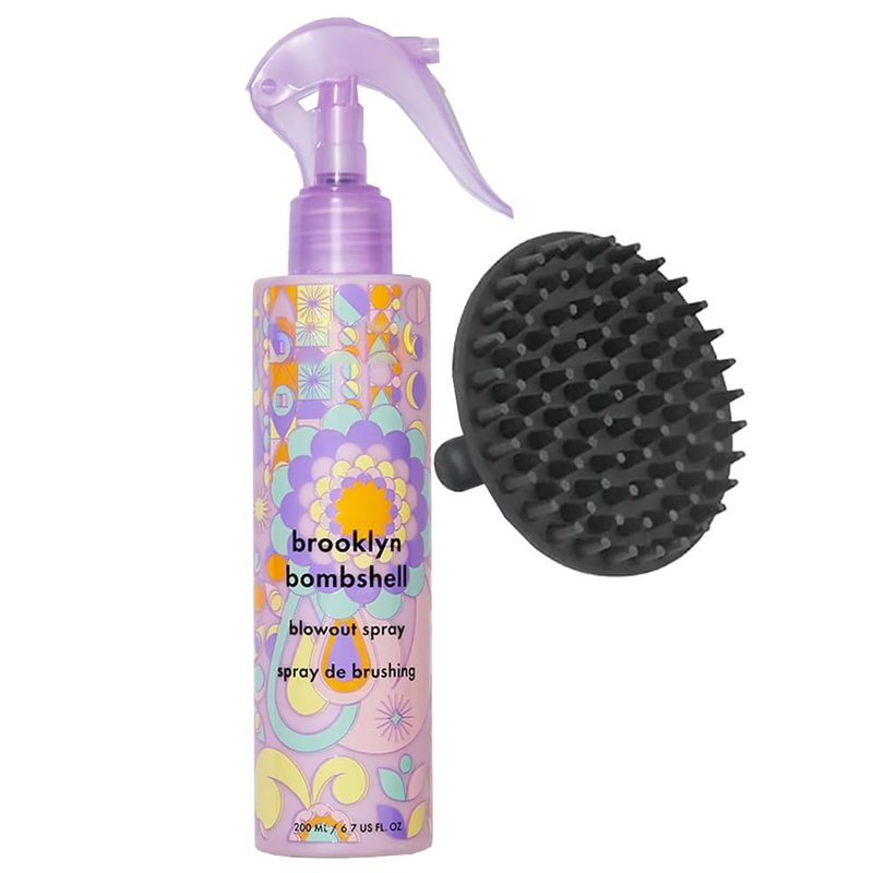 Brooklyn Bombshell Blowout Spray - Volumizing Heat Protectant for Fine to Medium Hair | 6.7 oz with Scalp Shampoo Brush