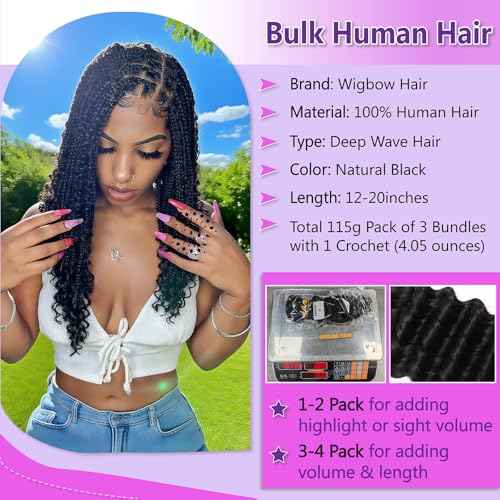 Deep Wave Bulk Human Braiding Hair for Boho Braids Water Wave 100% Human Hair for Boho Braiding Hair Crochet Wavy Curly Hair Extensions Bohemian Micro Braiding 3 Bundles 110g Natural Color 12 Inch