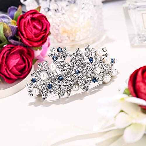 EVER FAITH Austrian Crystal Bridal Hibiscus Cream Simulated Pearl Hair Clip Barrette Blue Silver-Tone