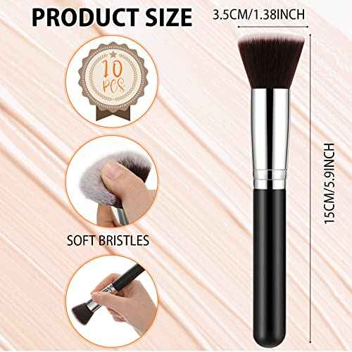 Tanlade 10 Pcs Makeup Brushes Bulk Flat Top Foundation Brush Liquid Cream Powder Foundation Contour Blush Concealer Eye Shadow Blending Liner Make up Kit for Wedding Artist(Black)