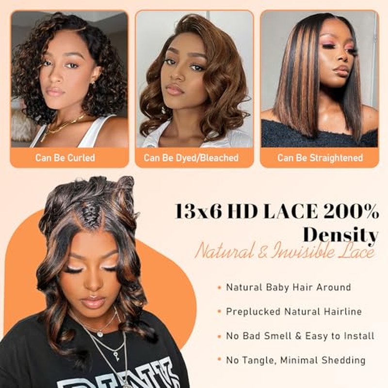 13x6 Highlight Body Wave Lace Front Wigs Human Hair 200% Density FB/30 Ombre Frontal Wigs Human Hair Pre Plucked Short Wigs for Black Women Glueless Balayage HD Lace Wig Loose Wavy 16 inch