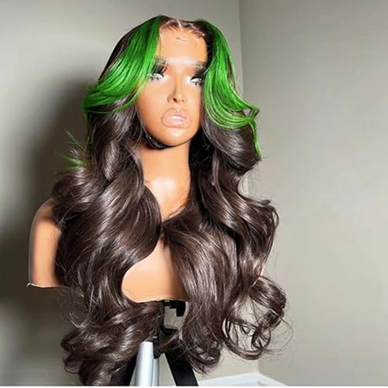 JYZ Skunk Stripe Human Hair Lace Front Wig Green Highlights Wig, Wavy, 13X4 HD Lace Front Wigs Human Hair 200% Density Pre Plucked with Baby Hair 20inch Middle Part