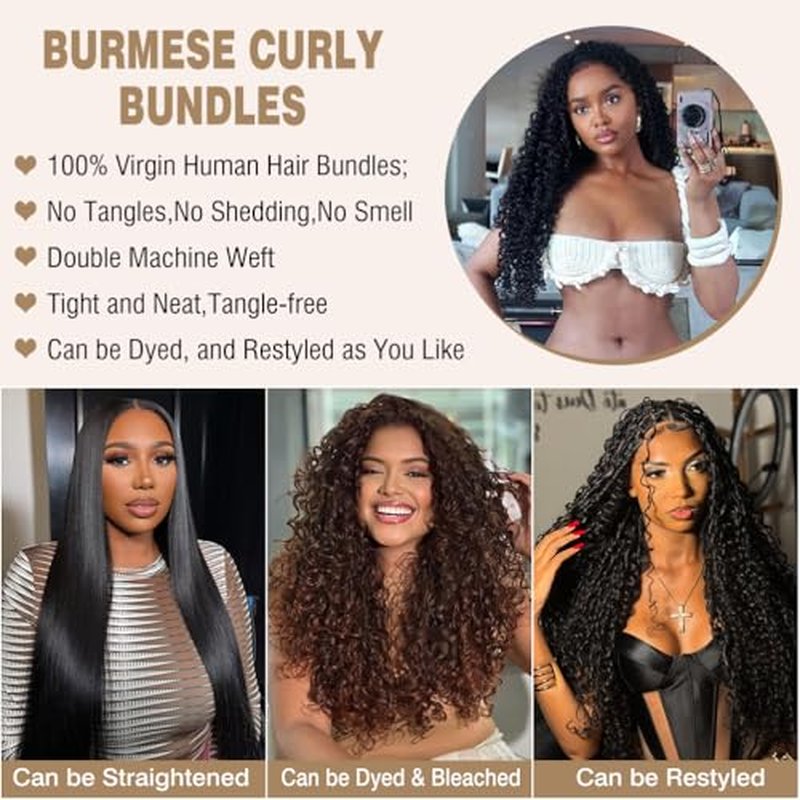 Burmese Curly Human Hair Bundles 16 18 20 Inch Water Wave Bundles with Spiral End 100% Unprocessed Quick Weave 3C4A Virgin Remy Hair Double Weft for Women Natural Black