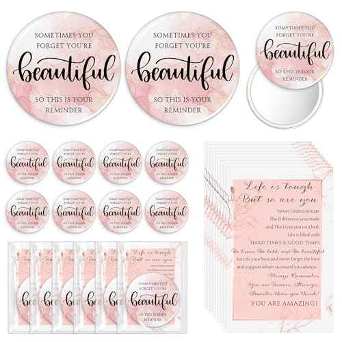 50 Pcs Inspirational Mini Compact Mirror Bulk for Women Christmas Pink Pocket Gifts Portable Round Purse Mirrors Thank You Reminder Gift for Coworker Employee Staff Nurse