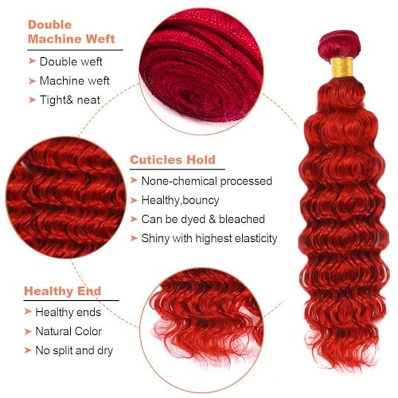 Red Bundles Deep Wave Bundles Human Hair 34 34 34 Inch Unprocessed Brazilian Virgin Hair Weave 3 Bundle Red Deep Wave Human Hair Extensions 50 Grams Per Bundle