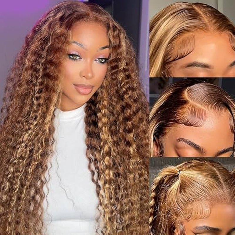 13x4 Highlight Ombre Deep wave Lace Front Wigs Human Hair for Black Women P4/27 Colored HD Transparent Honey Blonde Curly Lace Frontal Wigs Pre Plucked 180 Density with Baby Hair 28inch